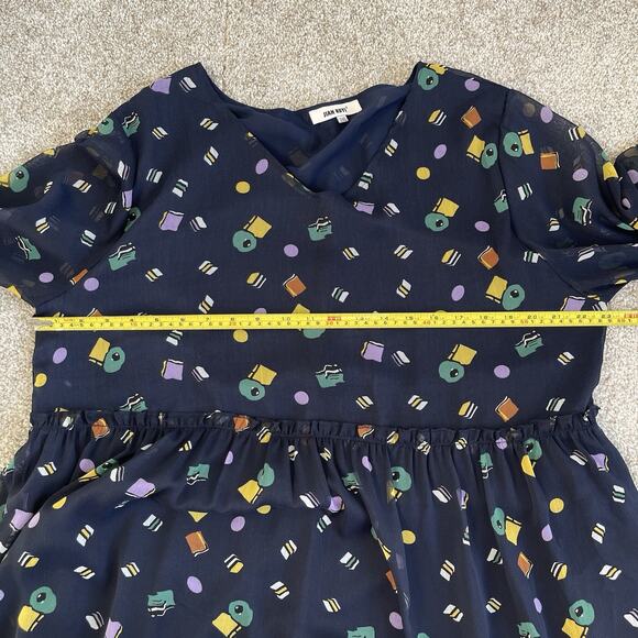 Jian Ruyi 2XL Blue Printed Semi Sheer Tiered Midi Dress Sheer Puff Sleeves - Picture 9 of 11